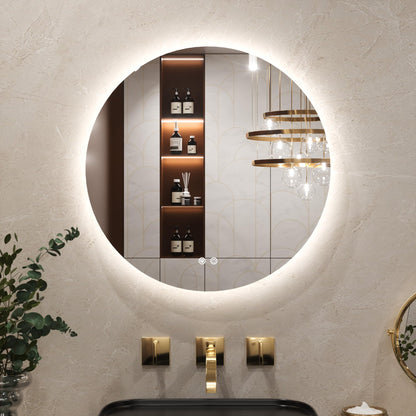 Keonjinn Badspiegel mit Beleuchtung rund 60 cm, beschlagfrei, dimmbar – runder rahmenloser Wandspiegel