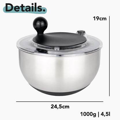 Cookery Salatschleuder Edelstahl 4,5 L mit Gemüsehobel, 5 Klingen