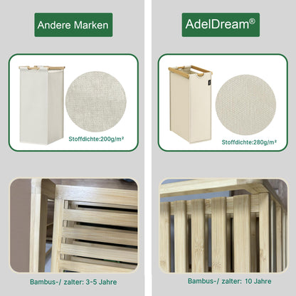 AdelDream Wäschekorb 200L mit 4 Fächern, Bambusrahmen, Beige