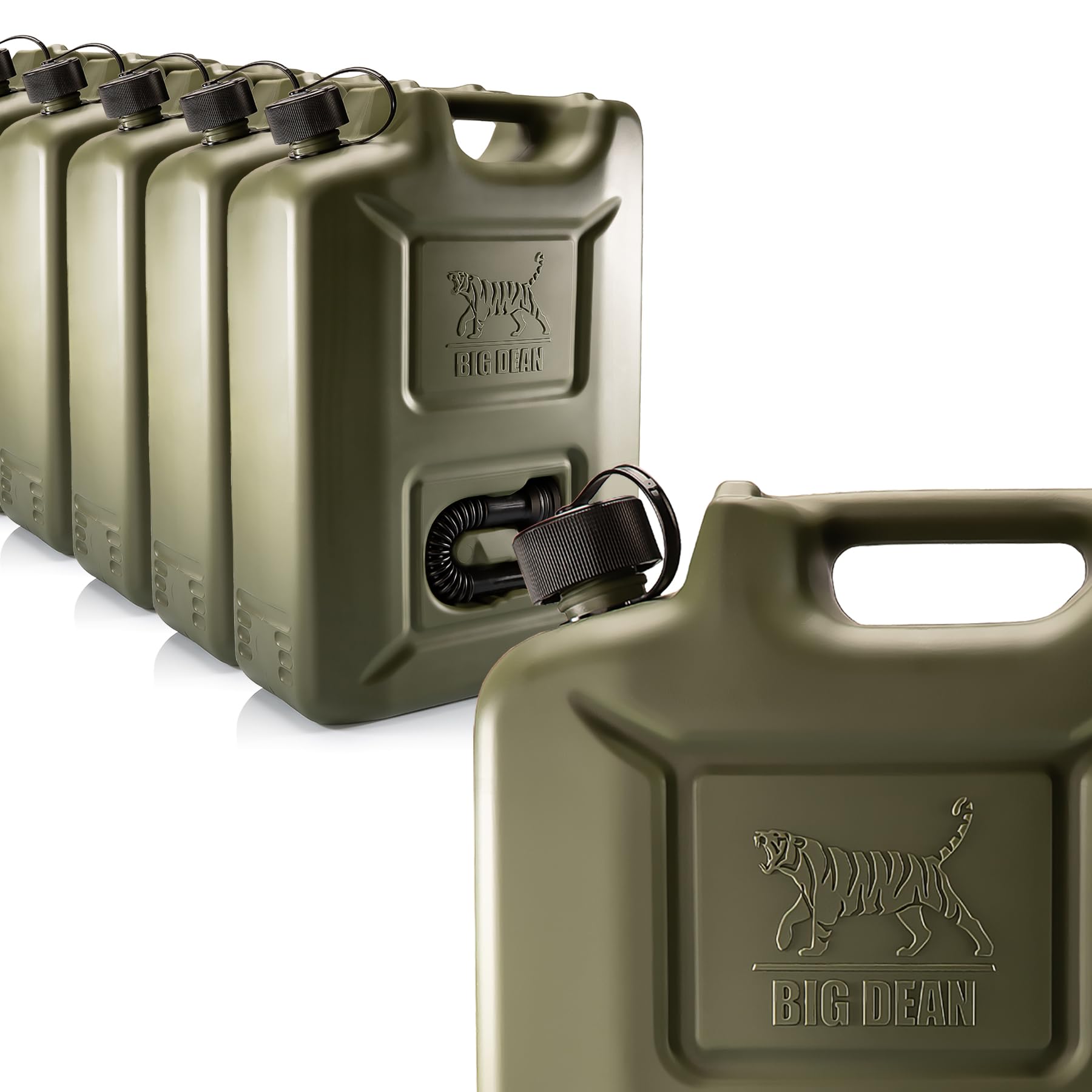 BigDean Benzinkanister 20L Olivgrün – 5er Set mit Ausgiesser. Fünf olivgrüne Kanister zum Lagern und Transportieren von Benzin, mit Ausgießer zum präzisen Befüllen.