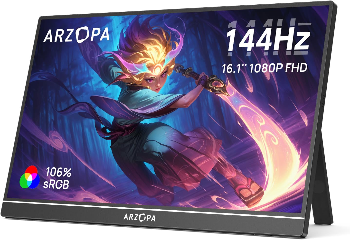 ARZOPA Z1FC Tragbarer Gaming Monitor - 16.1" 144Hz FHD HDR. Schlanker Bildschirm für hochauflösendes, flüssiges mobiles Gaming.