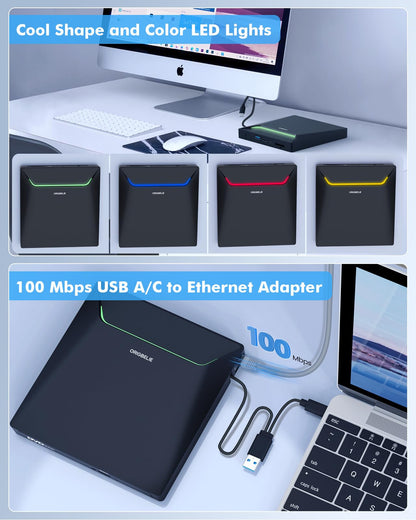 ORIGBELIE Externer DVD-Brenner USB 3.0 mit RJ45, USB-Hub und SD/TF