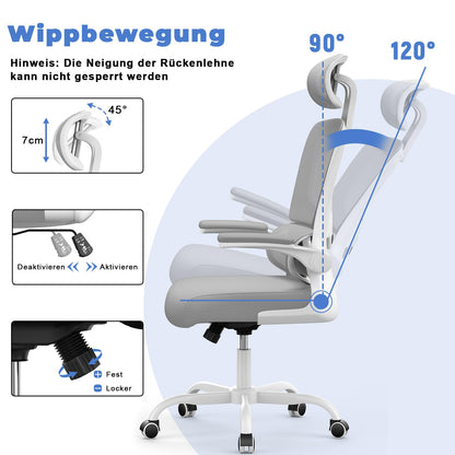 naspaluro Ergonomischer Bürostuhl mit Kopfstütze & Netzbezug, Grau