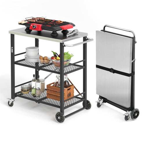 LUE BONA Grillwagen klappbar, Grilltisch mit Edelstahl-Tischplatte und zwei Ablagen auf Rädern