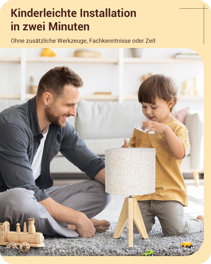EDISHINE LED Nachttischlampe Holz 2er Set mit beigem Leinenschirm