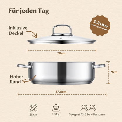 BEZIA Schmorpfanne 28 cm mit Deckel, Edelstahl 18/10 unbeschichtet