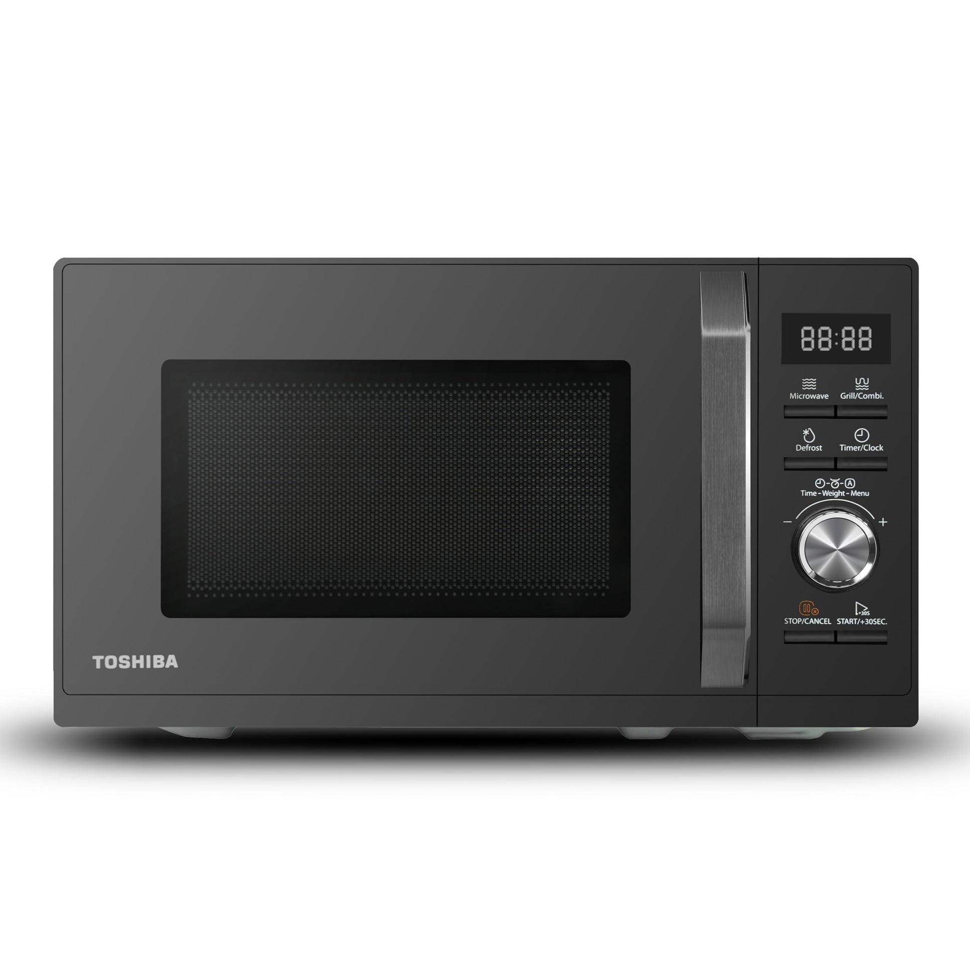 Toshiba MW3-AG20PE 3-in-1 Mikrowelle mit Grill 20L - Schwarz. Rechteckiges, schwarzes Gerät. Erhitzt, gart und grillt Speisen im 20L Garraum.
