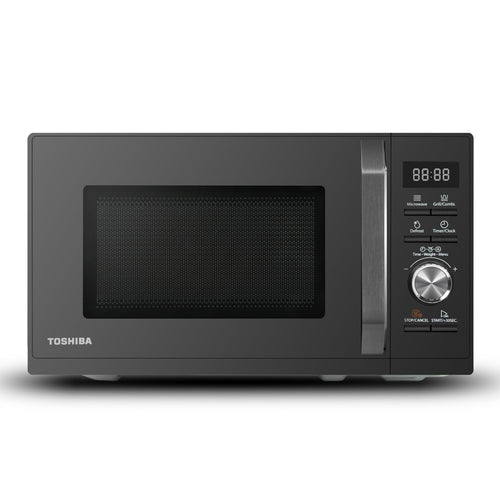 Toshiba MW3-AG20PE 3-in-1 Mikrowelle mit Grill 20L - Schwarz. Rechteckiges, schwarzes Gerät. Erhitzt, gart und grillt Speisen im 20L Garraum.