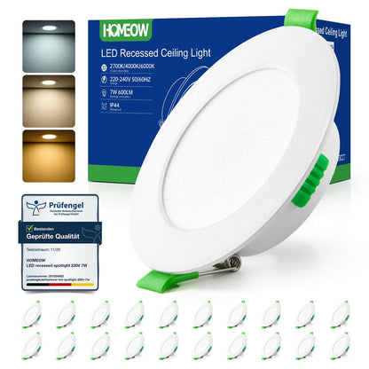 HOMEOW LED Einbaustrahler 20er Set, 7W 230V, 3 Farbtemperaturen, IP44, ultraflache Bauform für Deckeneinbau
