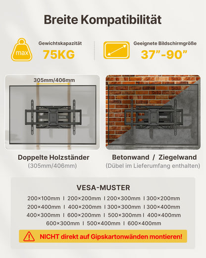 monTEK TV Wandhalterung HW1271BK schwenkbar für 37–90 Zoll bis 75 kg