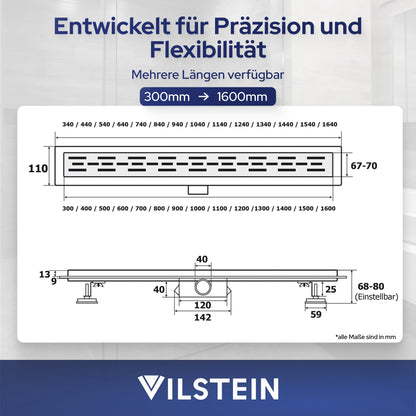 VILSTEIN Duschrinne Edelstahl 70 cm Extra Flach mit Siphon