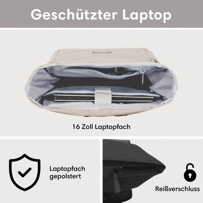 LARKSON No 4 Rolltop Rucksack Beige mit Laptopfach, wasserabweisend