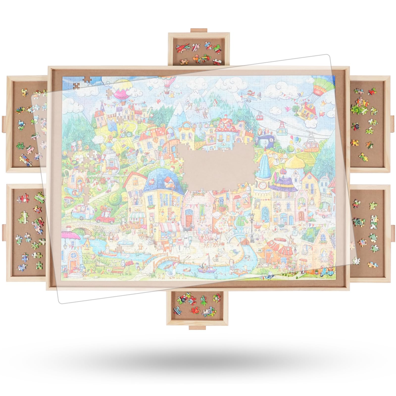 Drehbarer Puzzletisch 1500 Teile – 6 Schubladen & Abdeckung 64x87cm. Rechteckig, holzfarben, drehbar. Zum Puzzeln & Verstauen.