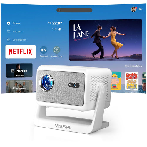 VISSPL Smart Mini Beamer – Netflix, Autofokus, 6D, 1080P/4K. Schwarzer, kompakter Projektor für hochauflösendes Heimkino.