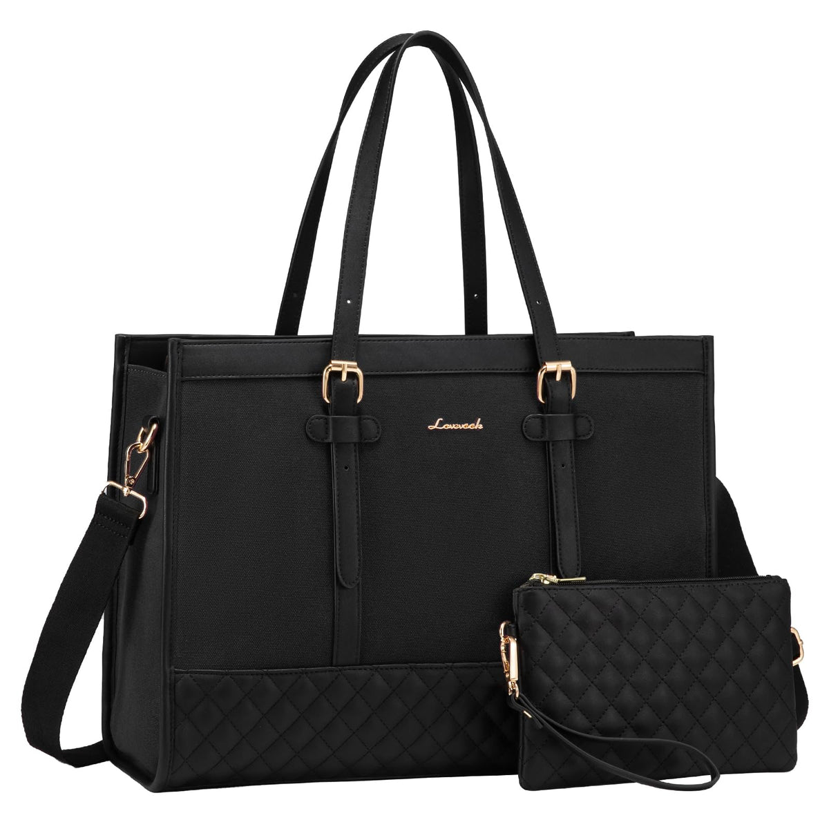 LOVEVOOK Laptoptasche Damen 15,6 Zoll, Arbeitstasche Schwarz mit abnehmbarem Schulterriemen
