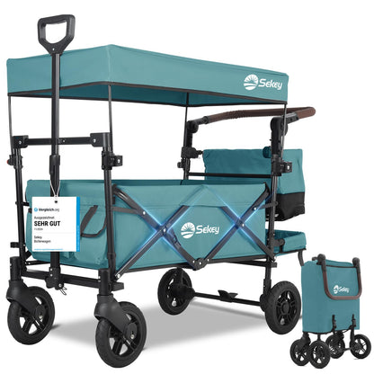 Sekey Bollerwagen faltbar mit Dach für 2 Kinder, 100 kg, dunkelgrün – Handwagen mit PU-Rädern