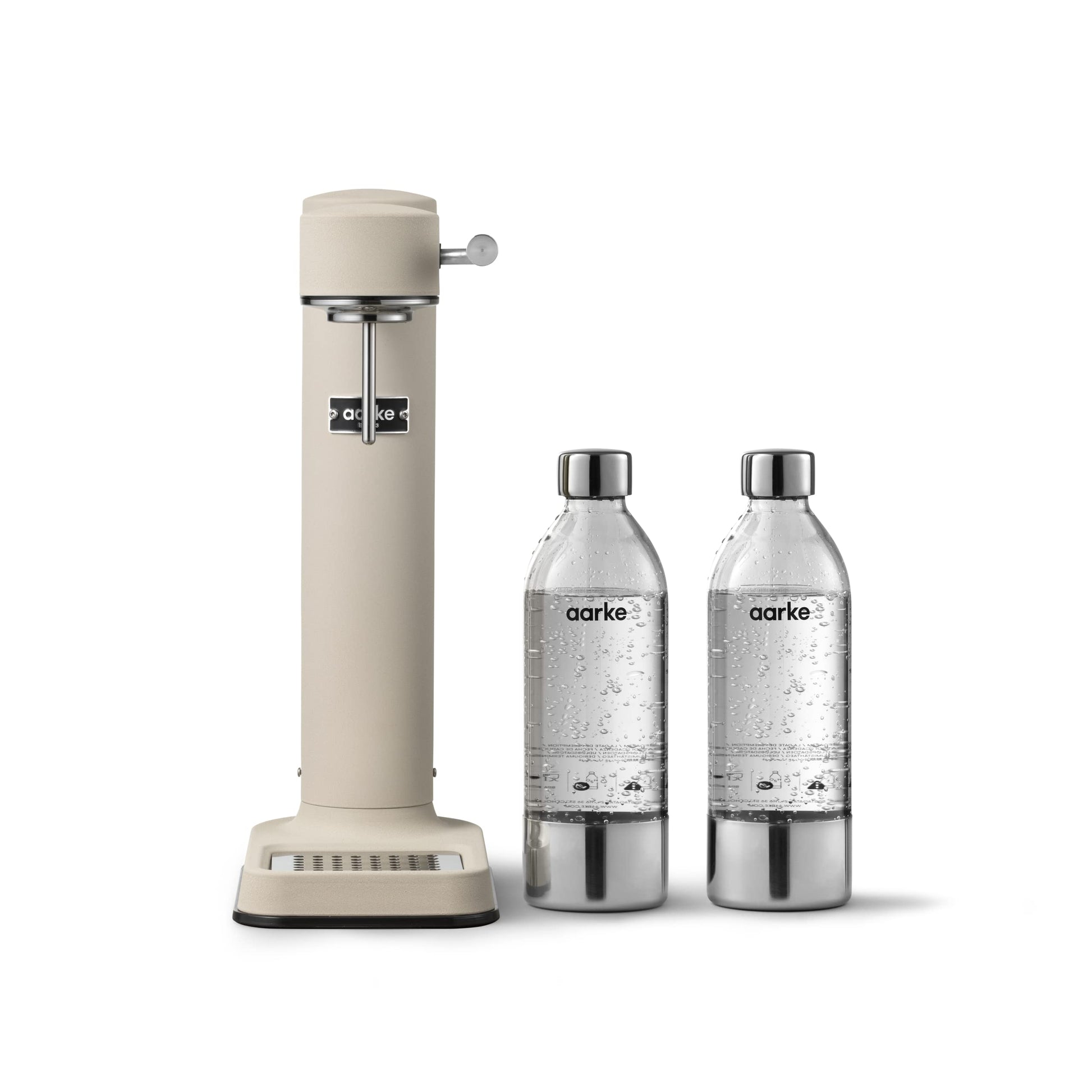 Aarke Carbonator 3 Wassersprudler Edelstahl – Sand Finish, sandfarbenes Edelstahlgehäuse, karbonisiert Leitungswasser zu Sprudelwasser.