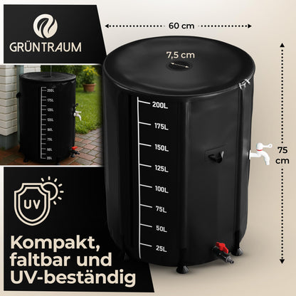 GRÜNTRAUM Regentonne faltbar 200L mit Füllstandsanzeige, schwarz