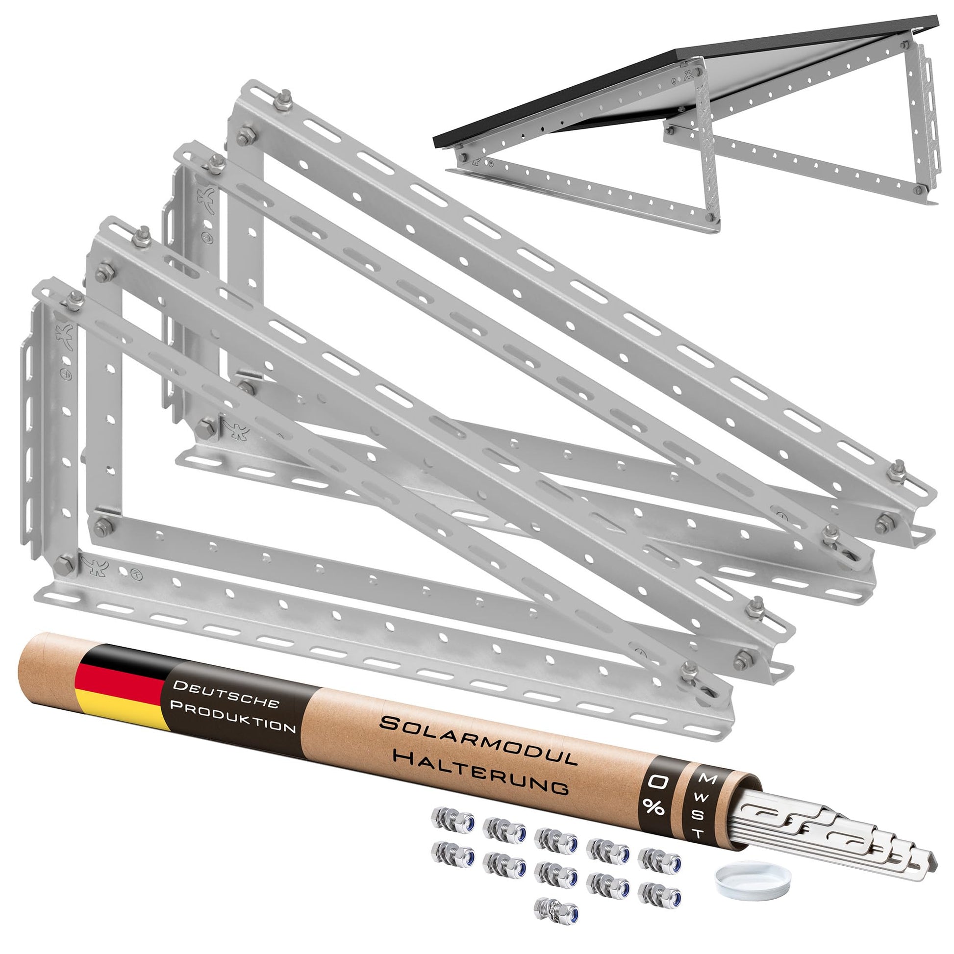 4er-Set Solarmodul Halterung – Neigbar bis 114.5cm Modulbreite. Vier silberne Metallhalterungen zur neigbaren Montage von Solarmodulen bis 114.5cm Breite.