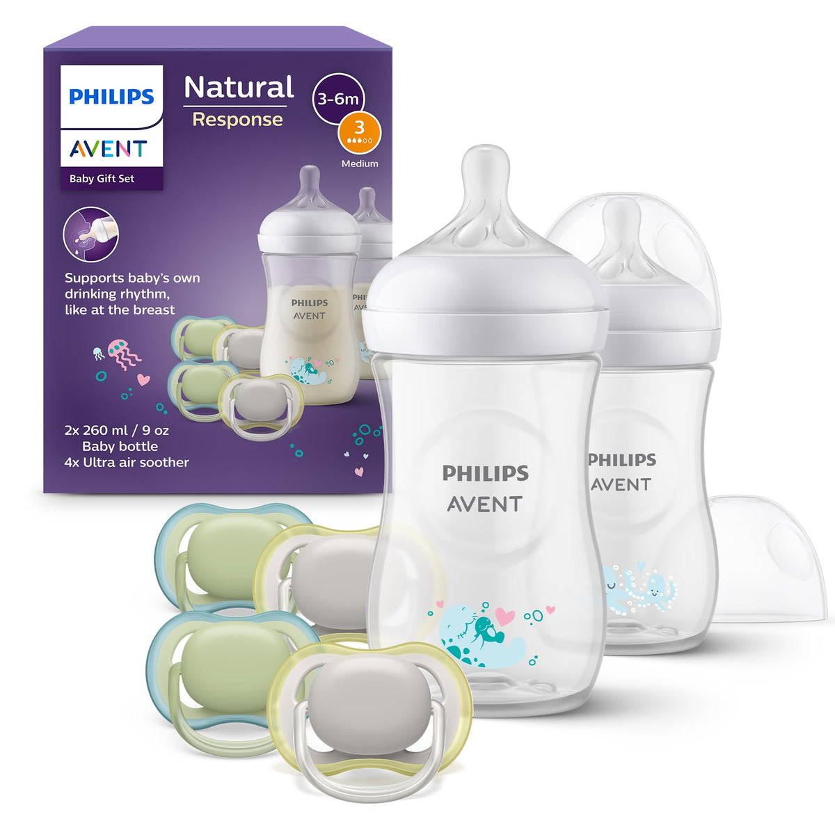 Philips Avent Natural Response Geschenkset, 2 Flaschen + 4 Schnuller zum Füttern und Beruhigen von Babys