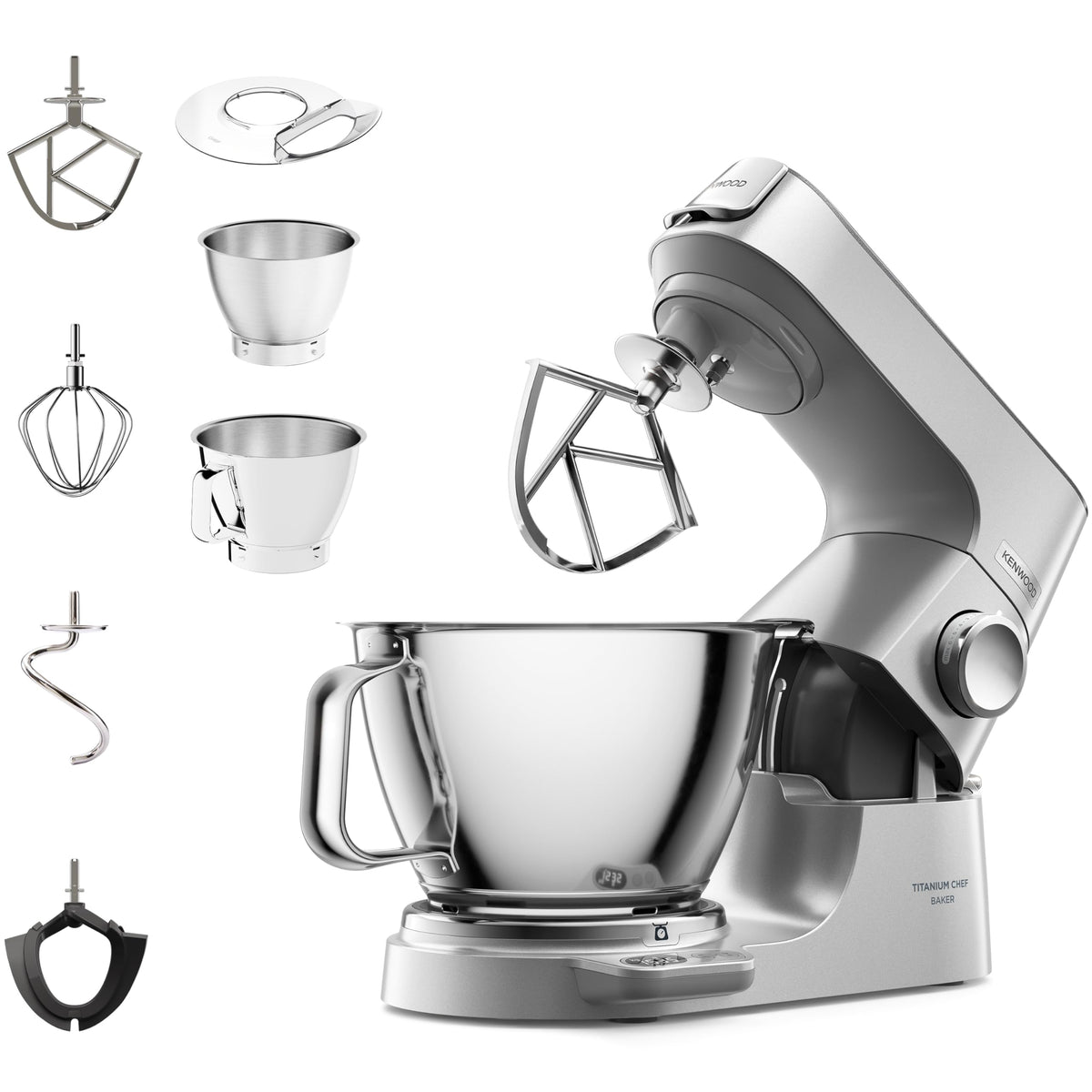 Kenwood Titanium Chef Baker KVC85.004SI Küchenmaschine Waage Silber. Silberne Küchenmaschine mit integrierter Waage. Knetet, rührt & schlägt Teig.