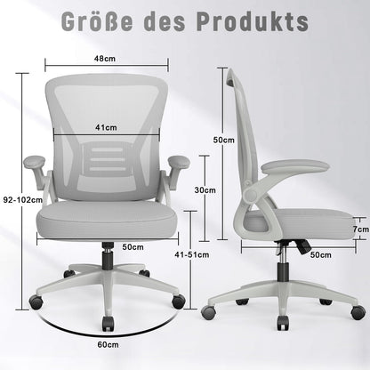 naspaluro Bürostuhl mit Verstellbaren Armlehnen, Ergonomischer Schreibtischstuhl mit Netzbespannung, Lordosenstütze, Höhenverstellbarer, Gepolstertem Sitzkissen, 360° Drehstuhl, Grau