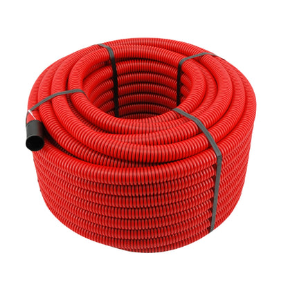 Erdwellrohr M32 mm Elektrorohr unterirdisch – Rot 50 Meter. Rotes, gewelltes Rohr zur unterirdischen Elektroinstallation.