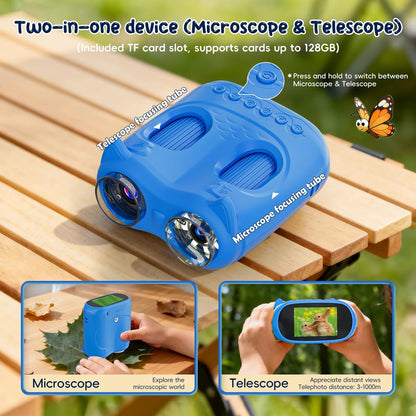 Temodu 2-in-1 Mikroskop und Fernglas für Kinder, 4K, 1000x, Blau