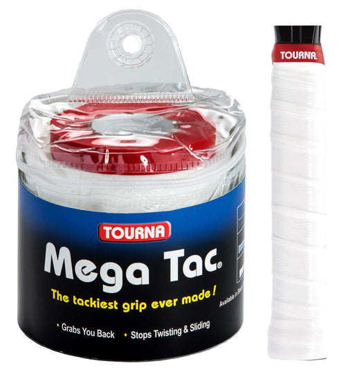 Tourna Mega Tac Overgrip für Tennis – 30 Stück Weiss. Dünnes, weißes Griffband zur Verbesserung der Griffigkeit und Schweißabsorption am Tennisschläger.