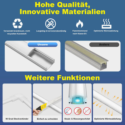 Molfanco LED Aluminiumprofil U-Profil silber 12 x 1 m mit Abdeckung