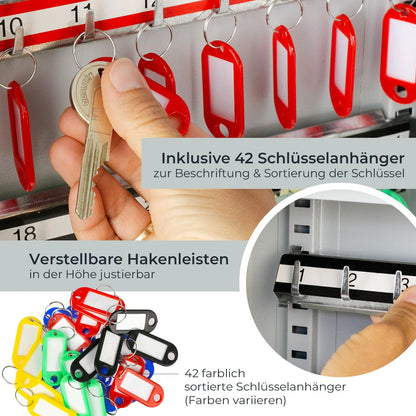 HMF Schlüsselschrank aus Stahl, abschliessbar, 42 Haken, Lichtgrau
