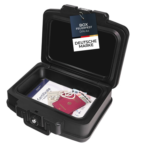 HMF 250452 Feuerfeste Wasserdichte Dokumentenbox – DIN A4 Schwarz. Rechteckiger schwarzer Koffer. Schützt DIN A4 Dokumente vor Feuer und Wasser.