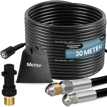 McFilter Rohrreinigungsschlauch-Set 30 m, 200 bar für Kärcher K2-K7 mit Tasche, Adapter und zwei Düsen