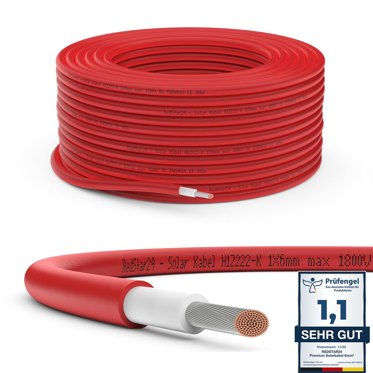RedStar24 Premium Solarkabel Photovoltaik, 6mm² rot, 50m. Zur sicheren DC-Stromübertragung in PV-Anlagen.