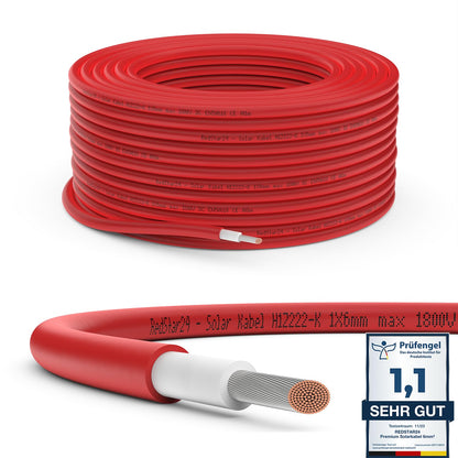 RedStar24 Premium Solarkabel Photovoltaik, 6mm² rot, 50m. Zur sicheren DC-Stromübertragung in PV-Anlagen.