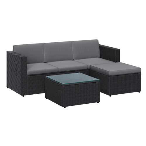 SONGMICS Gartenmöbel-Set GGF005B04, Polyrattan-Lounge, schwarz-grau, 3-Sitzer-Sofa mit Hocker und Glastisch