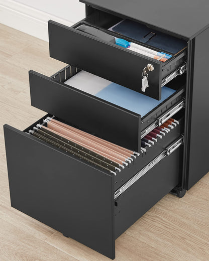 SONGMICS Rollcontainer OFC60BK – 3 Schubladen, Schwarz, abschliessbar