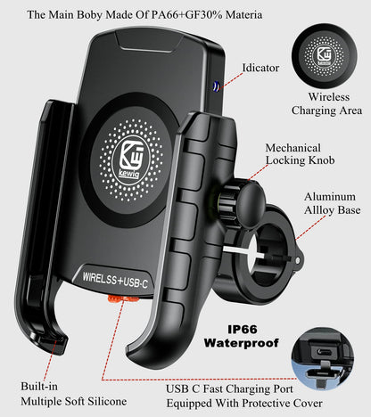 BRCOVAN M9S Motorrad-Handyhalterung mit Qi 15W Ladegerät, USB-C
