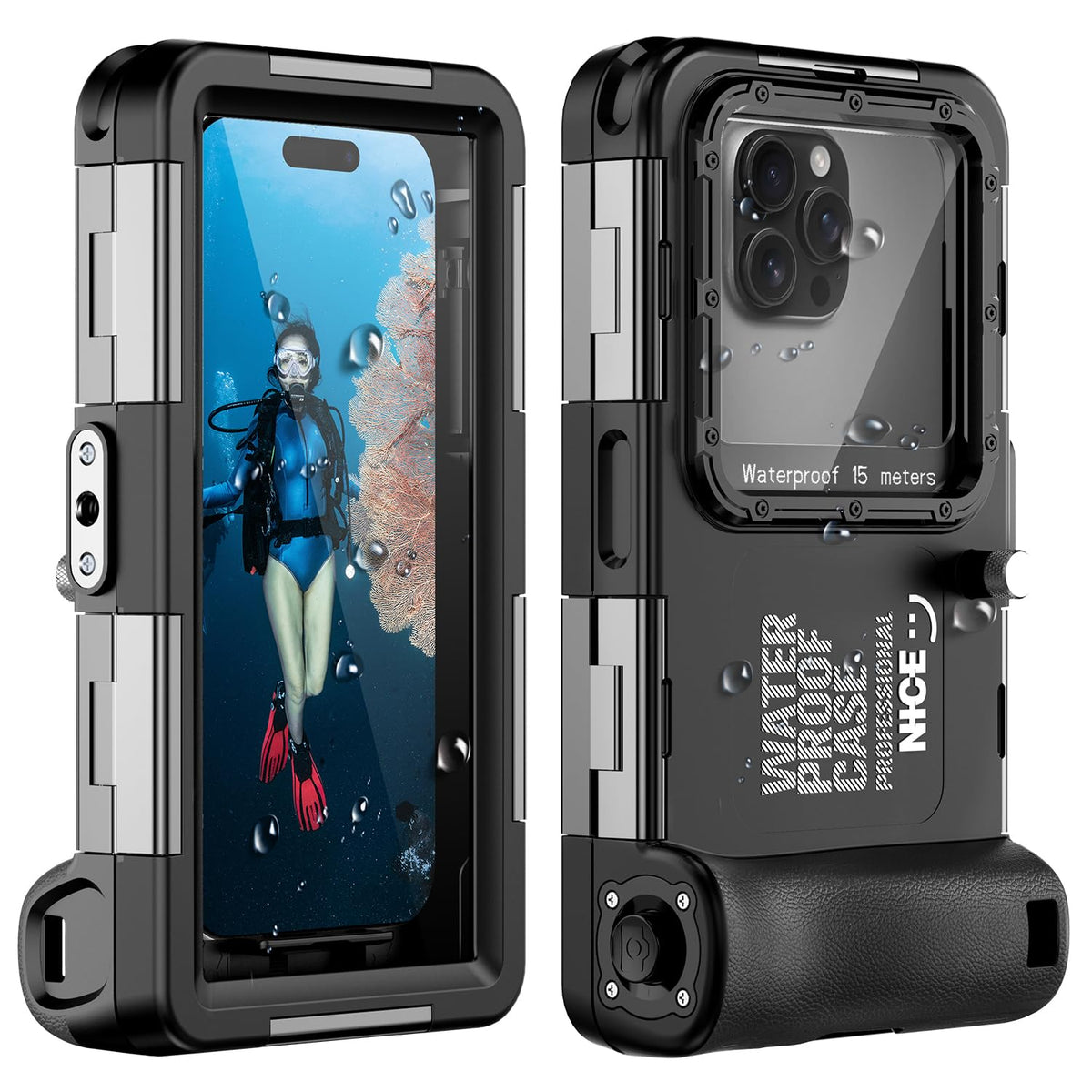 Ezanmull Unterwasser-Tauchgehäuse für iPhone, wasserdicht, Schwarz mit Metallschnallenverschluss und Kamerafenster