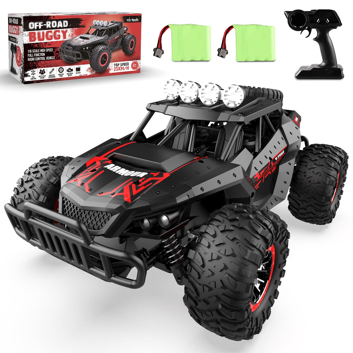 rc tech RC Buggy 1803 Offroad ferngesteuertes Auto 1:16 mit 2 Akkus, Geländewagen mit Metallfeder-Stossdämpfern