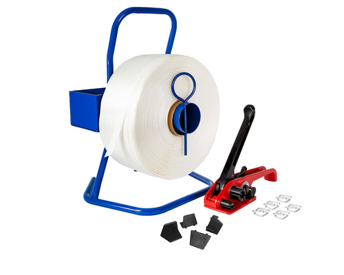 Kortpack Umreifungsset 16mm Polyester Komplett m. Abroller/Spanner. Polyesterband auf Rolle, Spanner, Abroller. Sichert Pakete/Paletten.