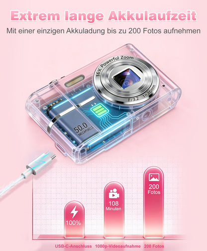 EJXHKNF M03 Digitalkamera 50MP Kompaktkamera 1080P mit 16x Zoom, Rosa