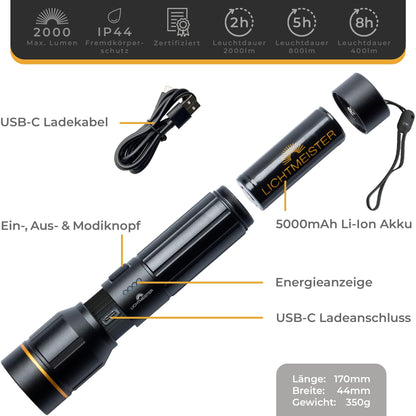 LICHTMEISTER LED Taschenlampe LM_T2000, 2000 Lumen, aufladbar