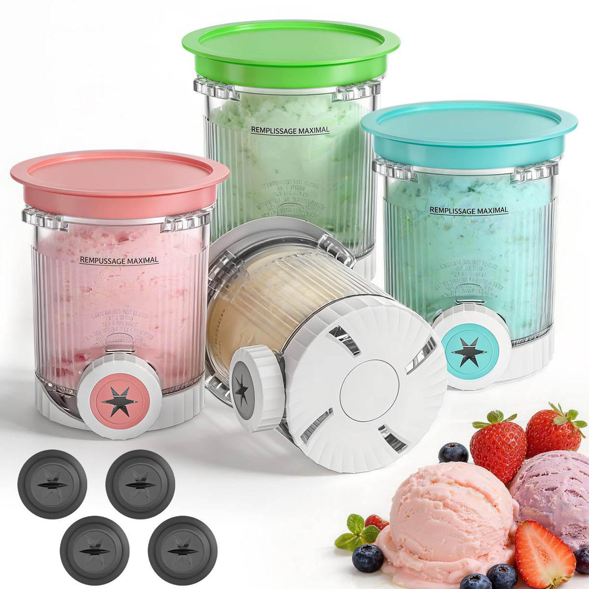 Hejo Eisbehälter für Ninja Swirl CREAMi NC700/NC701, 4 Stück mit Deckel und Silikondüsen