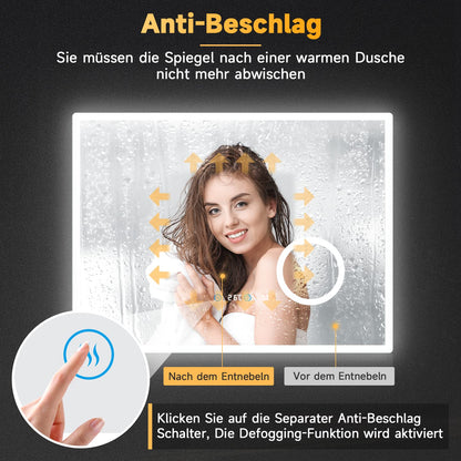 SONNI LED Lichtspiegel 100x60cm - 3 Lichtfarben, Uhr, Vergrösserung
