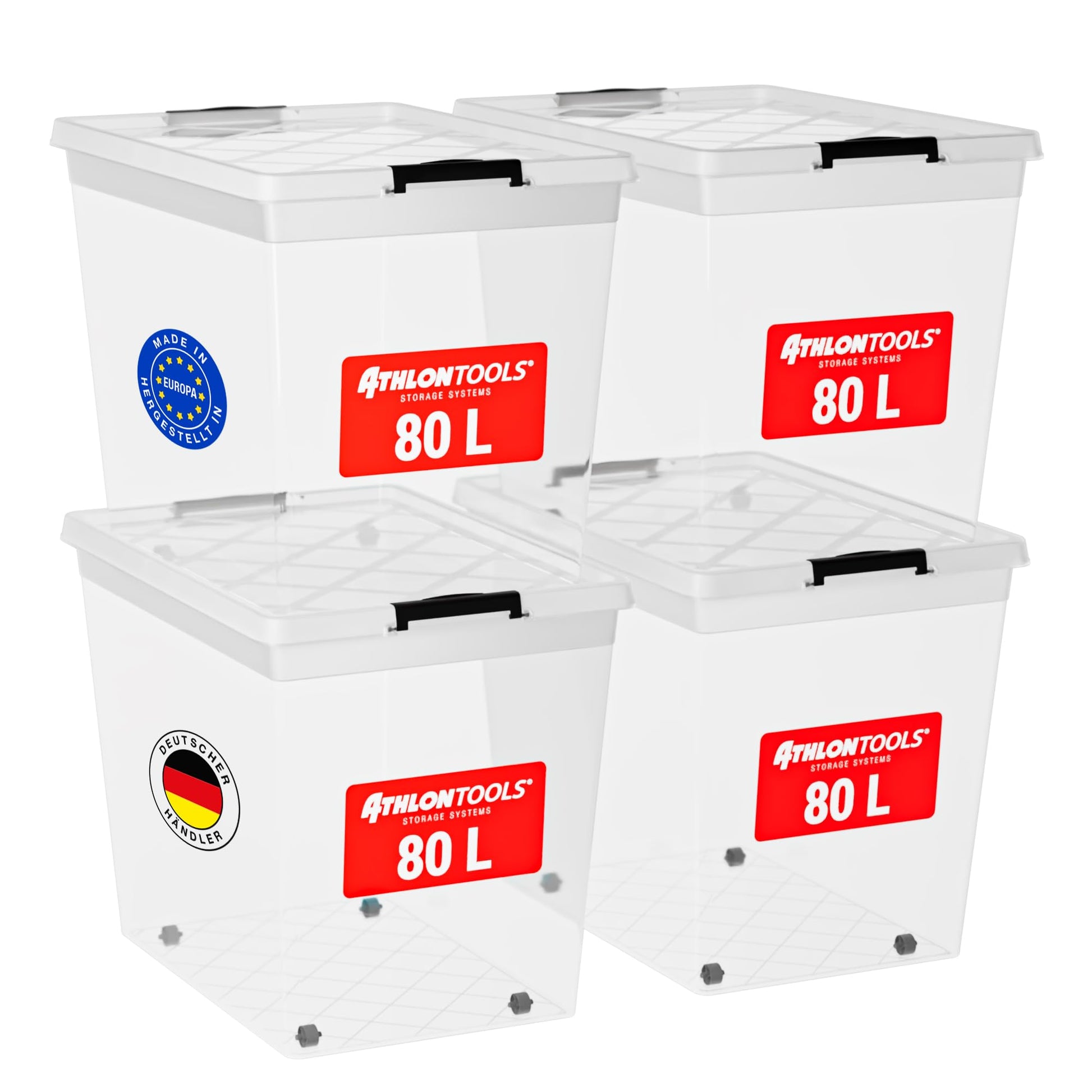 ATHLON + 4x 80L transparente Aufbewahrungsboxen aus lebensmittelechtem Kunststoff zum Ordnen und Aufbewahren von Gegenständen.