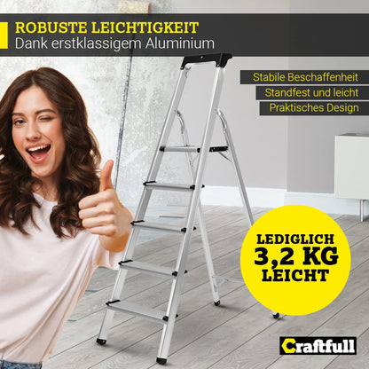 Craftfull Alu Stehleiter CF-133B Klappleiter mit Ablage, 5 Stufen