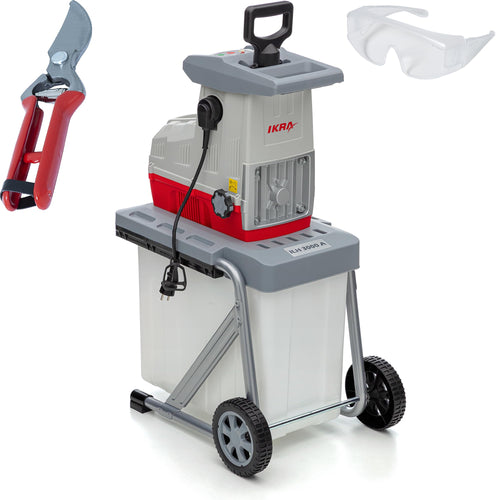 IKRA Walzenhäcksler ILH 3000 A, Elektro-Gartenhäcksler, 3000 W mit 60-Liter-Fangbox und Fahrgestell mit Rädern