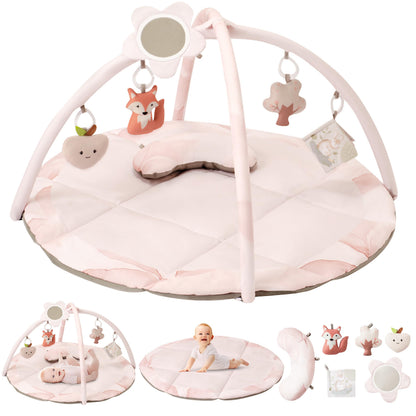 Fortella Spielbogen Baby Spielmatte – Naturthema Rosa. Rosa Spielmatte mit Bogen und Hängefiguren. Fördert motorische Entwicklung.