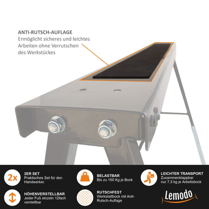 Lemodo Arbeitsbock höhenverstellbar, 2er Set, Stahl, 150 kg Tragkraft